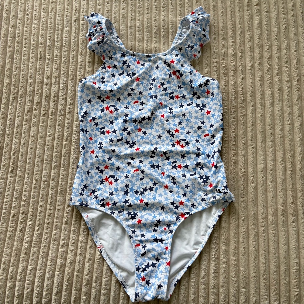 Vineyard Vines Girl’s Ruffle Back Stars White Cap Swimsuit USA Patriotic Medium
